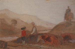 Bergachtig landschap met figuren bij een meer